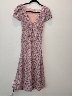 Wayf Pink Floral V-Neck Midi Dress with Blue Print